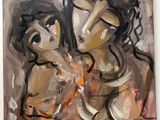 une peinture à l'huile représentant une femme tenant un enfant dans ses bras