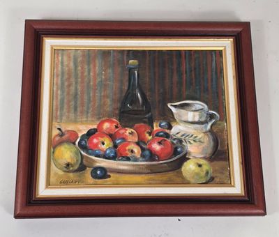 painting of a bowl of fruit and a jug of wine on a table
