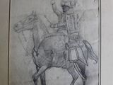 un vieux dessin représentant un homme à cheval, coiffé d'un casque