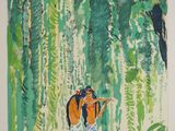 an image of a painting of a woman walking through a forest