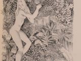 drawing of a nude woman in a jungle with plants and trees