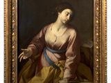 an oil painting of a woman in a pink dress sitting on a table