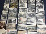 several old black and white photographs of a train station