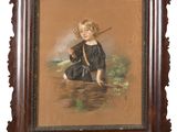 tableau représentant une jeune fille en robe noire, assise au bord d'un plan d'eau, tenant un bâton