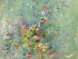 une peinture représentant des fleurs dans un vase sur fond vert