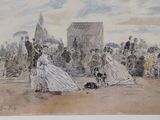 a painting of a woman walking a dog on the beach