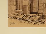 drawing of an old building with stone steps and a door