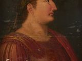 a painting of a woman in a red dress is shown