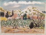 une image représentant un tableau représentant une scène désertique avec une montagne en arrière-plan