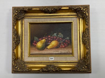 tableau représentant une nature morte composée de poires et de cerises, dans un cadre doré