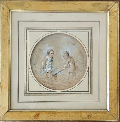 painting of two children playing with a dog in a field