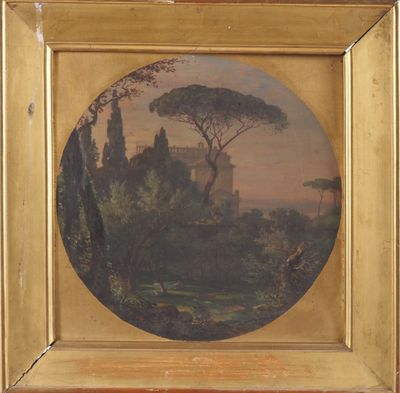 peinture représentant un paysage avec des arbres et un château au loin