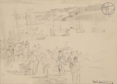 dessin représentant un groupe de personnes debout sur une plage au bord d'un plan d'eau
