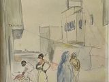 dessin représentant une scène de rue avec une femme et un homme marchant dans la rue