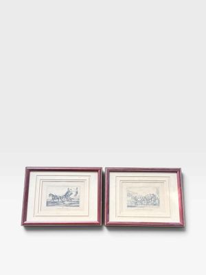 deux reproductions encadrées représentant une scène de vie à la ferme et une ferme