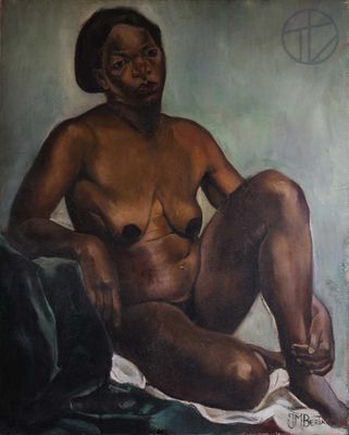 une peinture à l'huile représentant une femme assise sur un lit, les jambes croisées