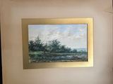 painting of a landscape with a river and trees in a gold frame