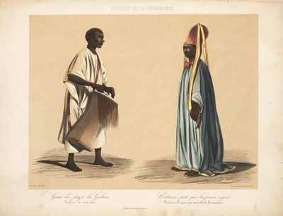 an old drawing of a man and a woman in traditional clothing