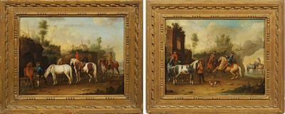 deux tableaux représentant des chevaux et des cavaliers dans un paysage avec un château en arrière-plan