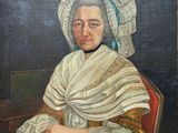 painting of a woman in a white dress and a blue headdress
