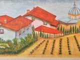 drawing of a painting of a farm with a church in the background