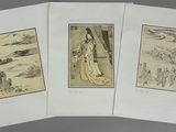 three antique chinese prints of a woman in a white dress and a man in a white robe