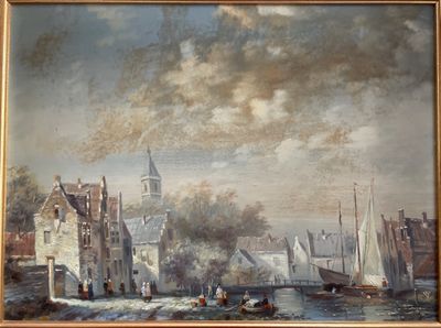 une peinture représentant une scène portuaire avec des bateaux sur l'eau