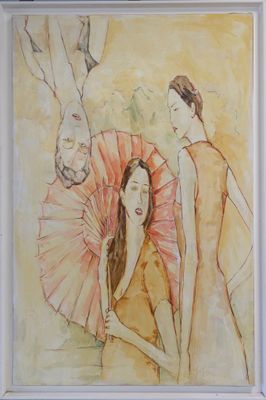 painting of two women with a fan and a man in the background
