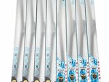 a set of six blue and white toothbrushes sitting on top of each other