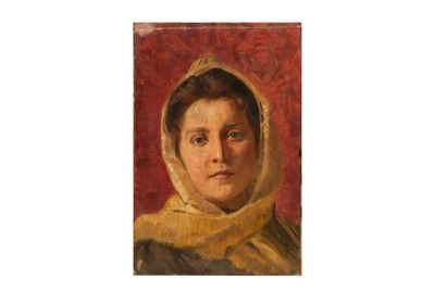 portrait d'une femme portant un châle jaune sur fond rouge