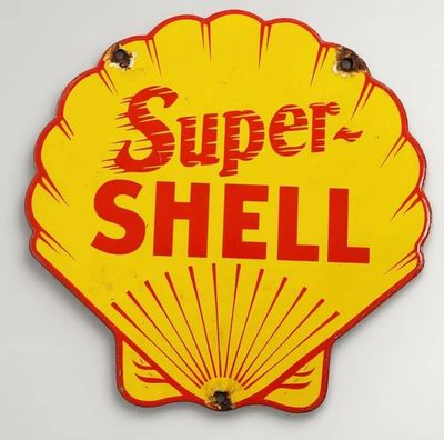 panneau en forme de coquillage jaune et rouge portant l'inscription « Super Shell »