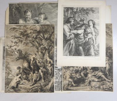 four different prints of a man and a woman in a wooded setting