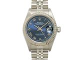 rolex lady ' s watch with blue dial and roman numerals