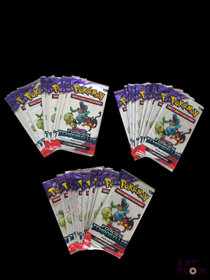 five packs of pokemon trading cards are shown on a black background