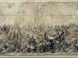 un vieux dessin représentant un grand groupe de personnes dans une pièce