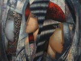 une peinture à l'huile représentant une femme coiffée d'une coiffe rouge, vue dans un miroir