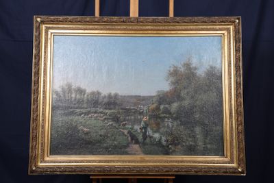 une peinture à l'huile représentant un homme et un chien dans un champ au bord d'une rivière