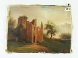une vieille peinture représentant un château sur une colline, avec un arbre au premier plan