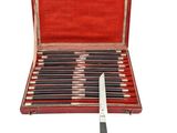 a red case with six knives in it and a knife in it