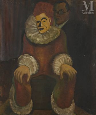 an old painting of a clown sitting on a chair next to a man