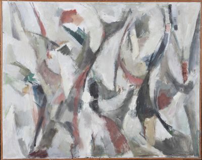 an oil painting of a group of abstract figures in white, red, and black