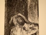 a black and white drawing of a bowl of food on a table