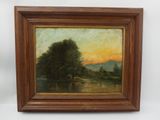 an oil painting of a sunset over a lake with trees in the foreground