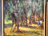 two paintings of people in a park, one of which is a swing set and the other is a swing set