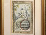 an old picture of a woman sitting on a bench with a bird in her hand