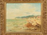 un tableau représentant une scène de plage avec des personnes sur le rivage