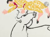 a drawing of a man riding a bull with a hat on