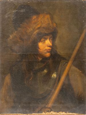 an old painting of a man in a fur hat holding a stick