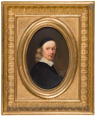 un tableau représentant un homme vêtu d'un manteau noir et d'un col blanc