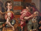 painting of a group of people standing around a table with food